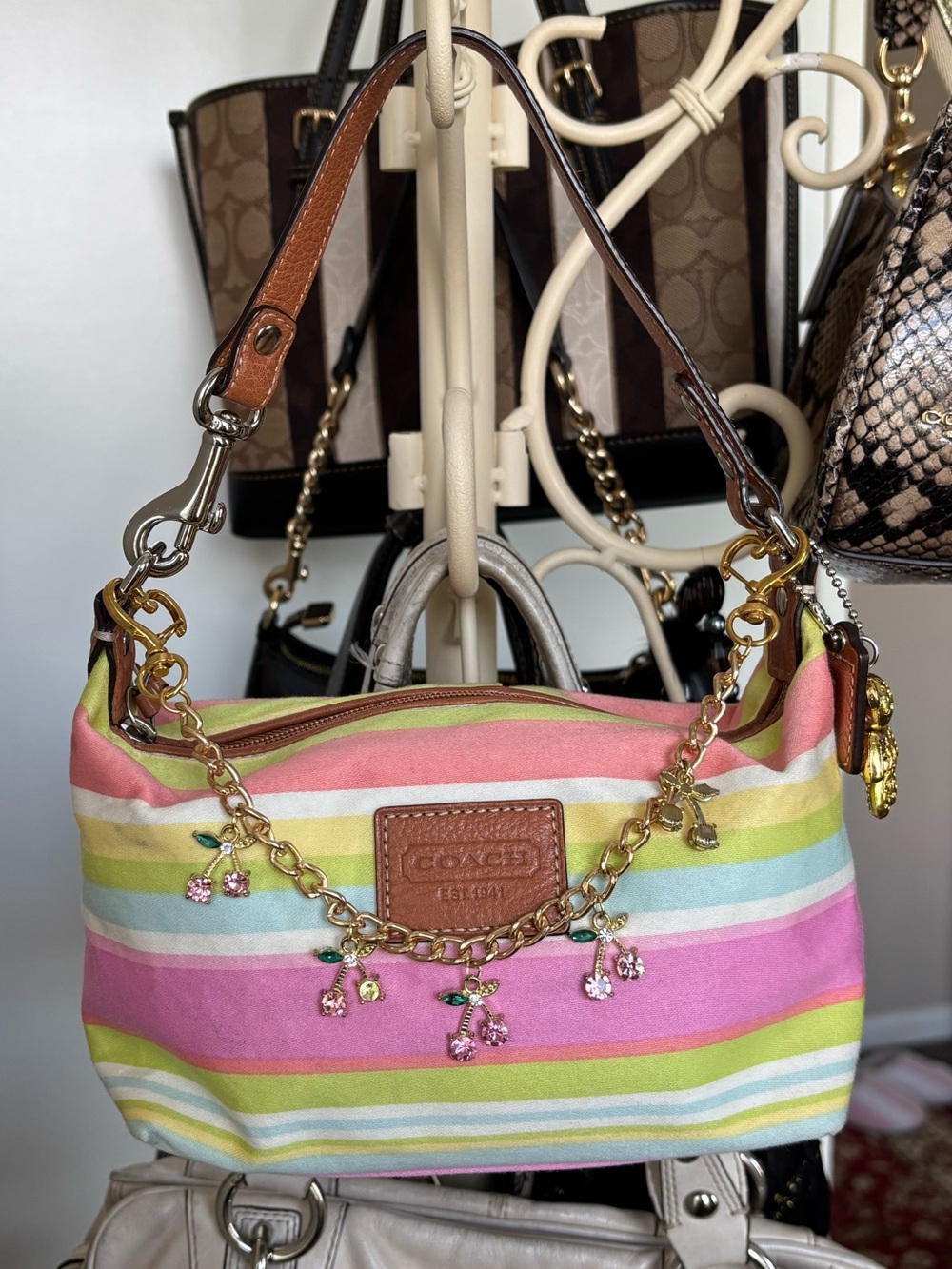Vintage Coach pastel mini striped hand bag with charm